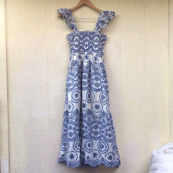 Zara Openwork embroidered floral eyelet Blue and White ruffle sleeves Maxi Dress - Picture 16 of 16